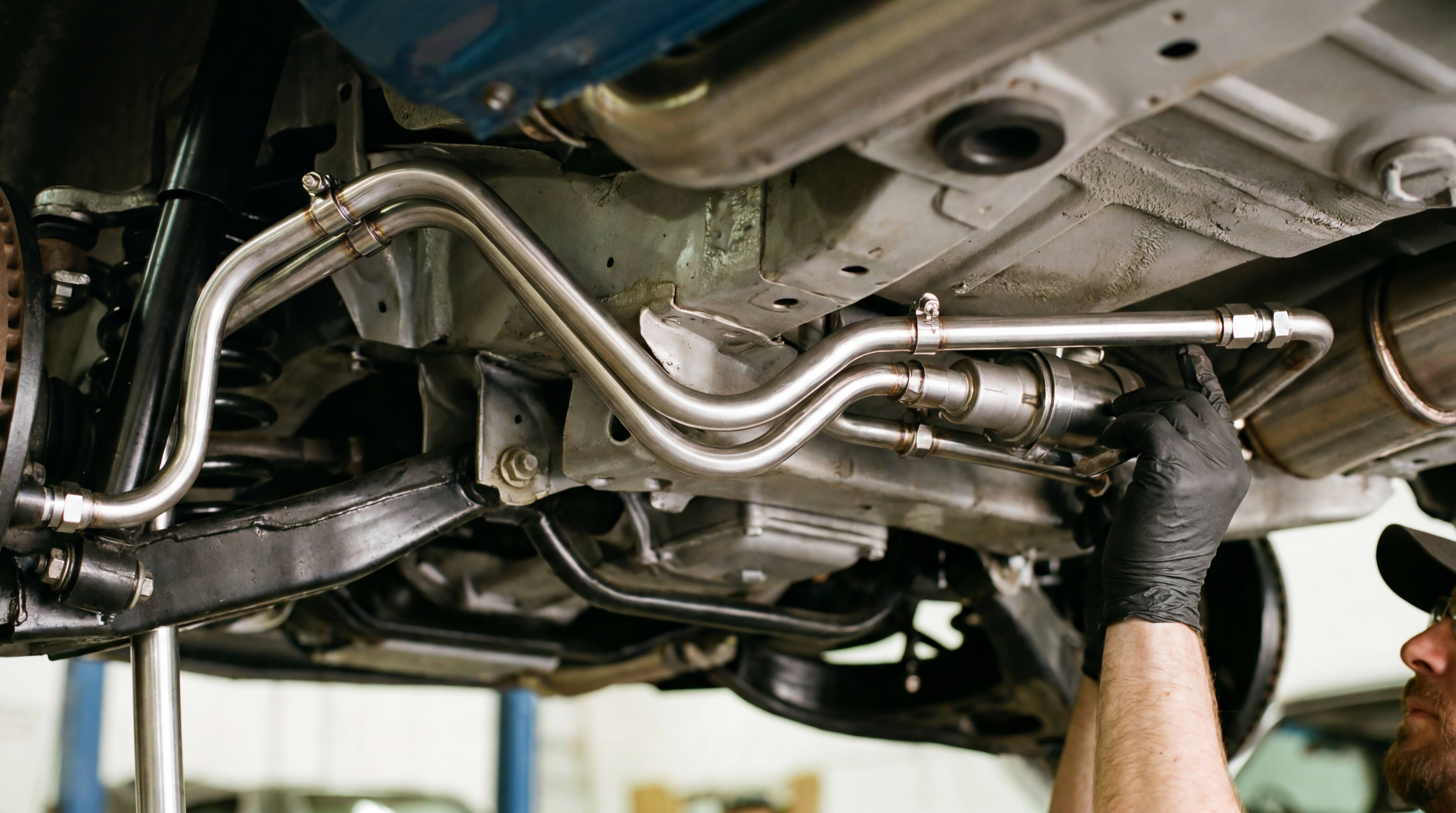 Formed metal fuel line installed under vehicle showing precise bending geometry, tube routing, fittings and underbody clearance